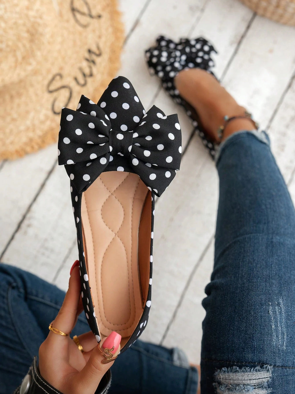 Women's Fashion Polka Dot Bow Pointed Toe Flat Shoes, Comfortable Lining Slip-On, Elegant Versatile Daily Wear