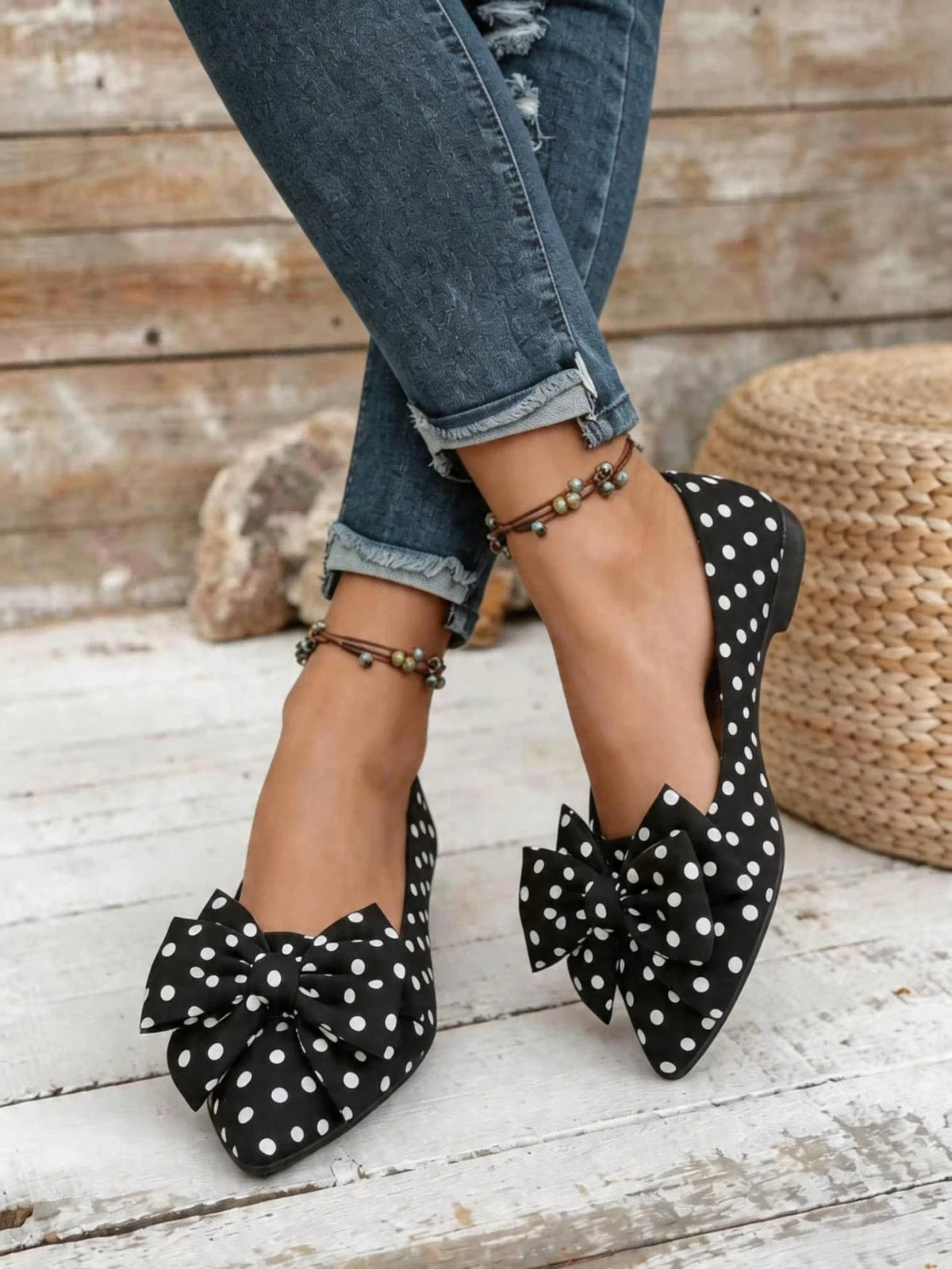 Women's Fashion Polka Dot Bow Pointed Toe Flat Shoes, Comfortable Lining Slip-On, Elegant Versatile Daily Wear