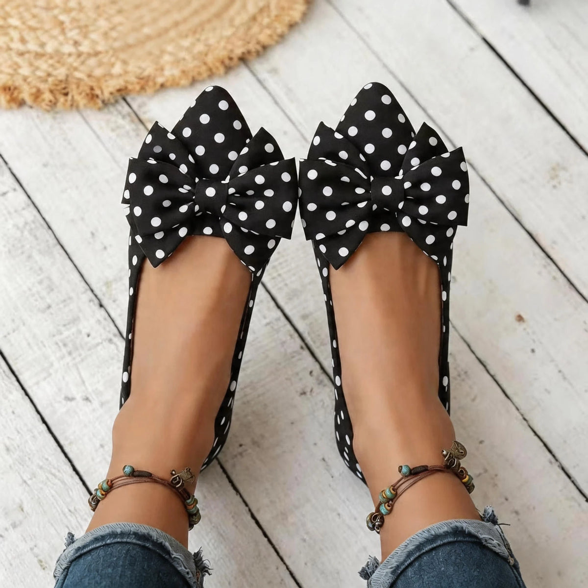 Women's Fashion Polka Dot Bow Pointed Toe Flat Shoes, Comfortable Lining Slip-On, Elegant Versatile Daily Wear